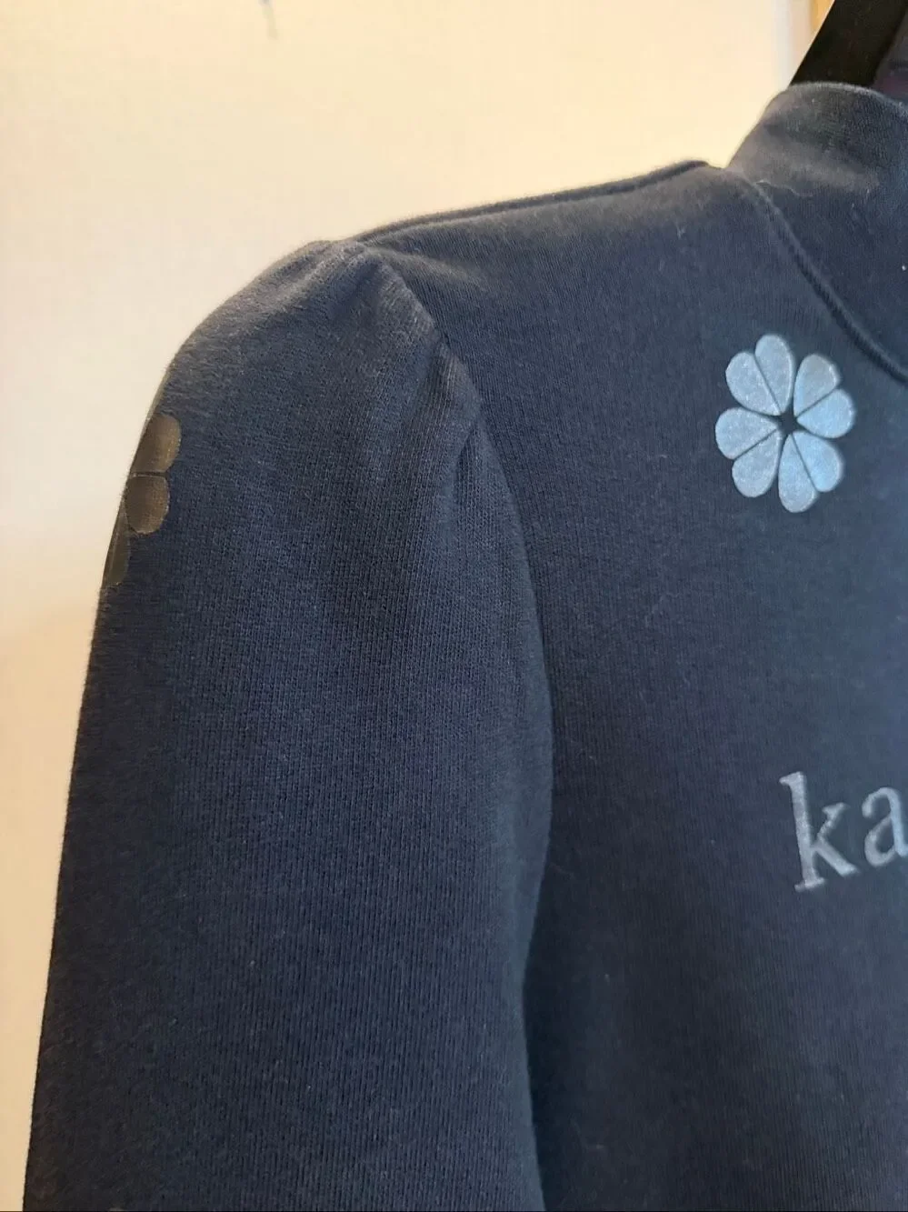 Kate Spade, New York flower sweatshirt, black with metallic silver flowers in si